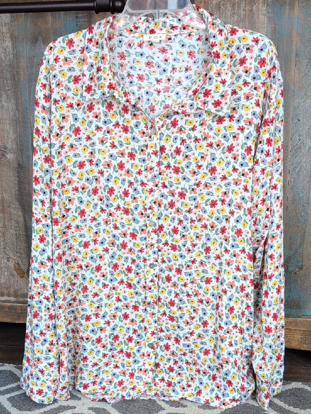 POL By Anthropologie Floral Button Down Shirt Hi/Low Hem - Women's Large